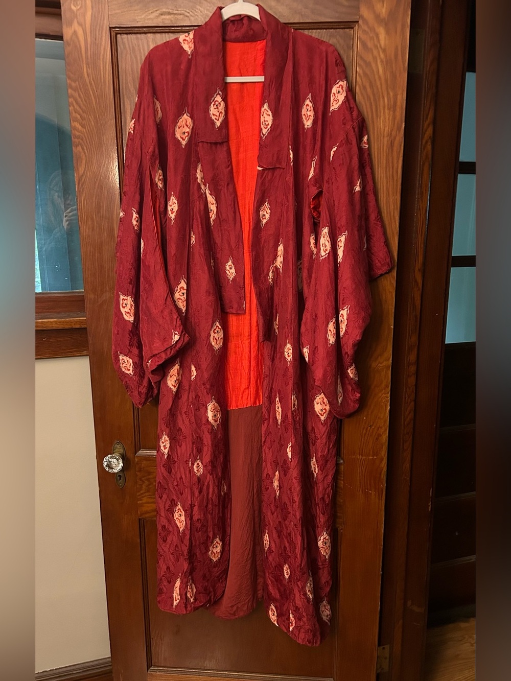 Vintage 70's Japanese Long Red Silk Kimono Ikat Print One Size